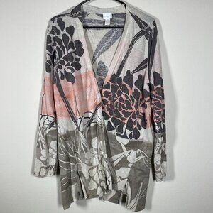 Chico's Women's LS Pink Tan Brown Floral Duster Linen Blend 3 (XL)
